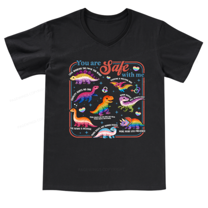 Pagewings Dinosaur Rainbow V-neck T-shirt