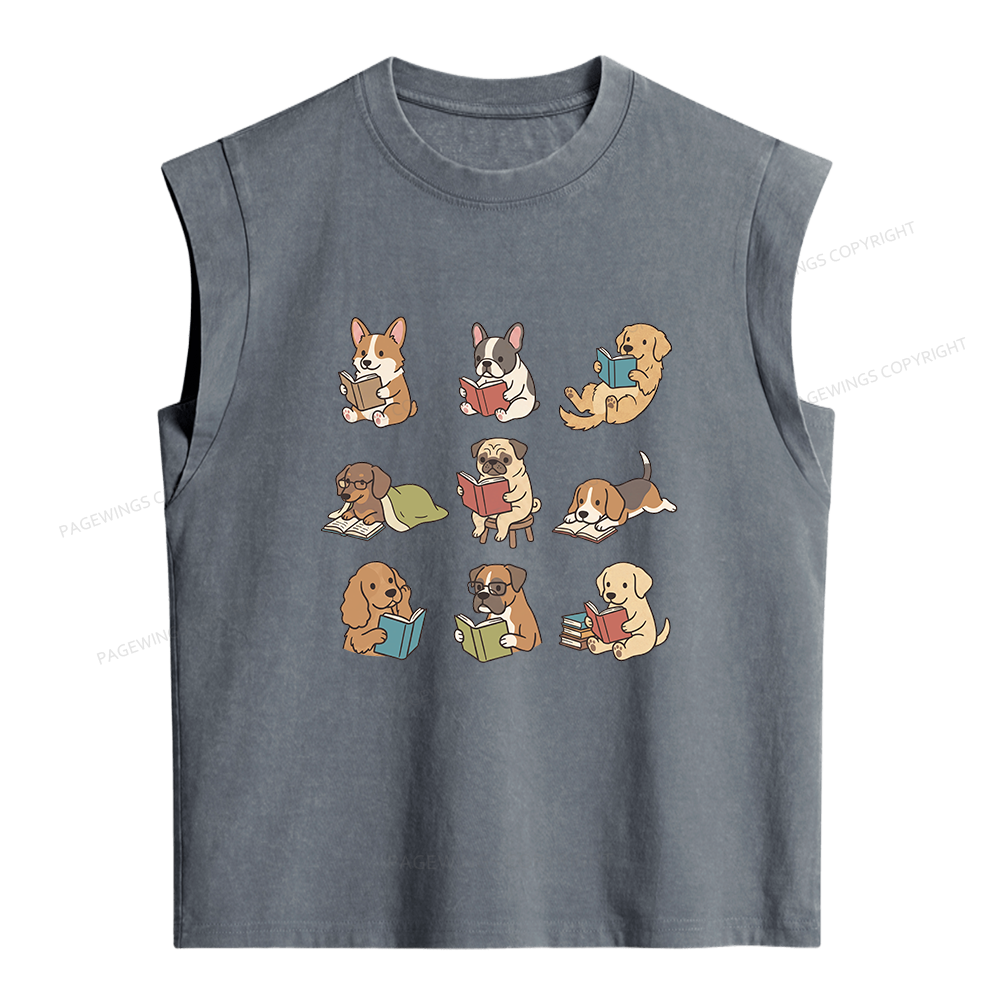 Pagewings Funny Dog Reading Women's Washed Tank Top