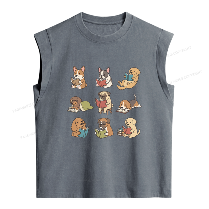 Pagewings Funny Dog Reading Women's Washed Tank Top