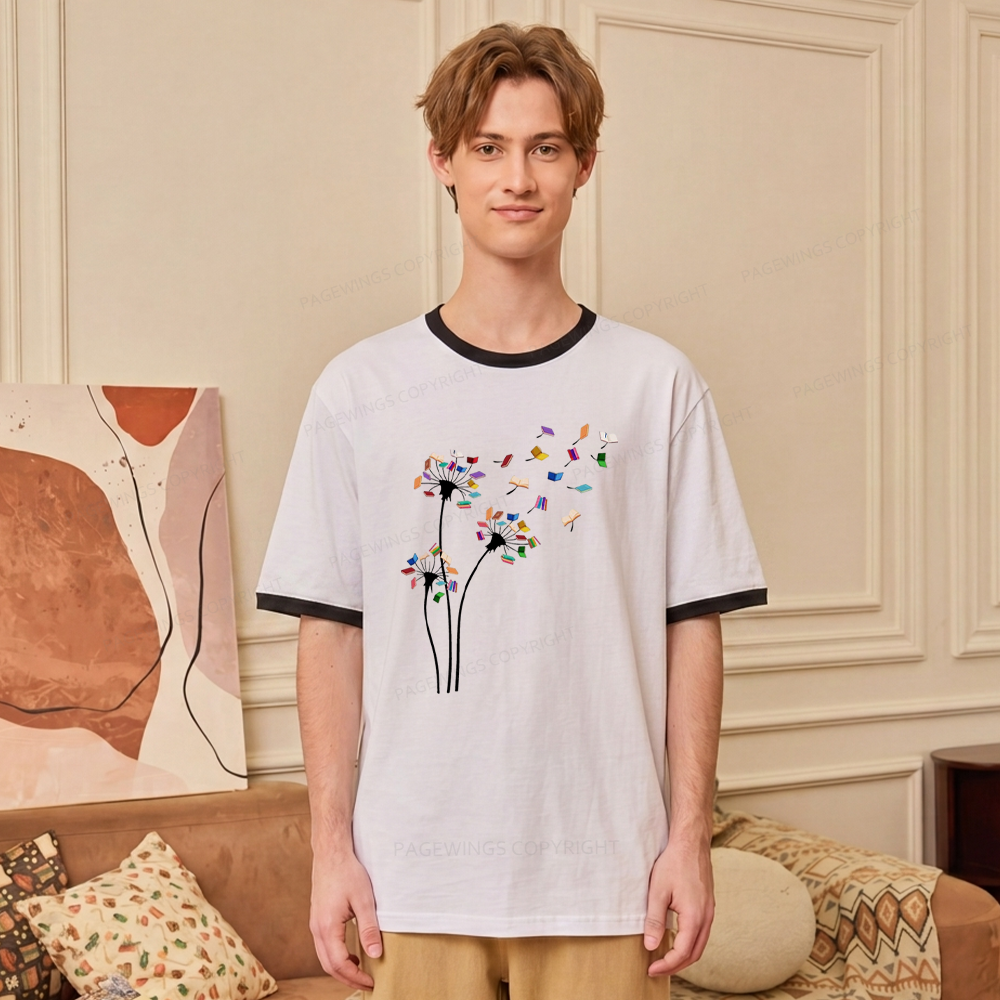 Pagewings Cute Dandelion Books Flower Fly Unisex Ringer T-Shirt