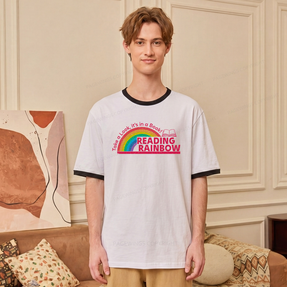 Pagewings Pagewings Reading With Rainbow Unisex Ringer T-Shirt 