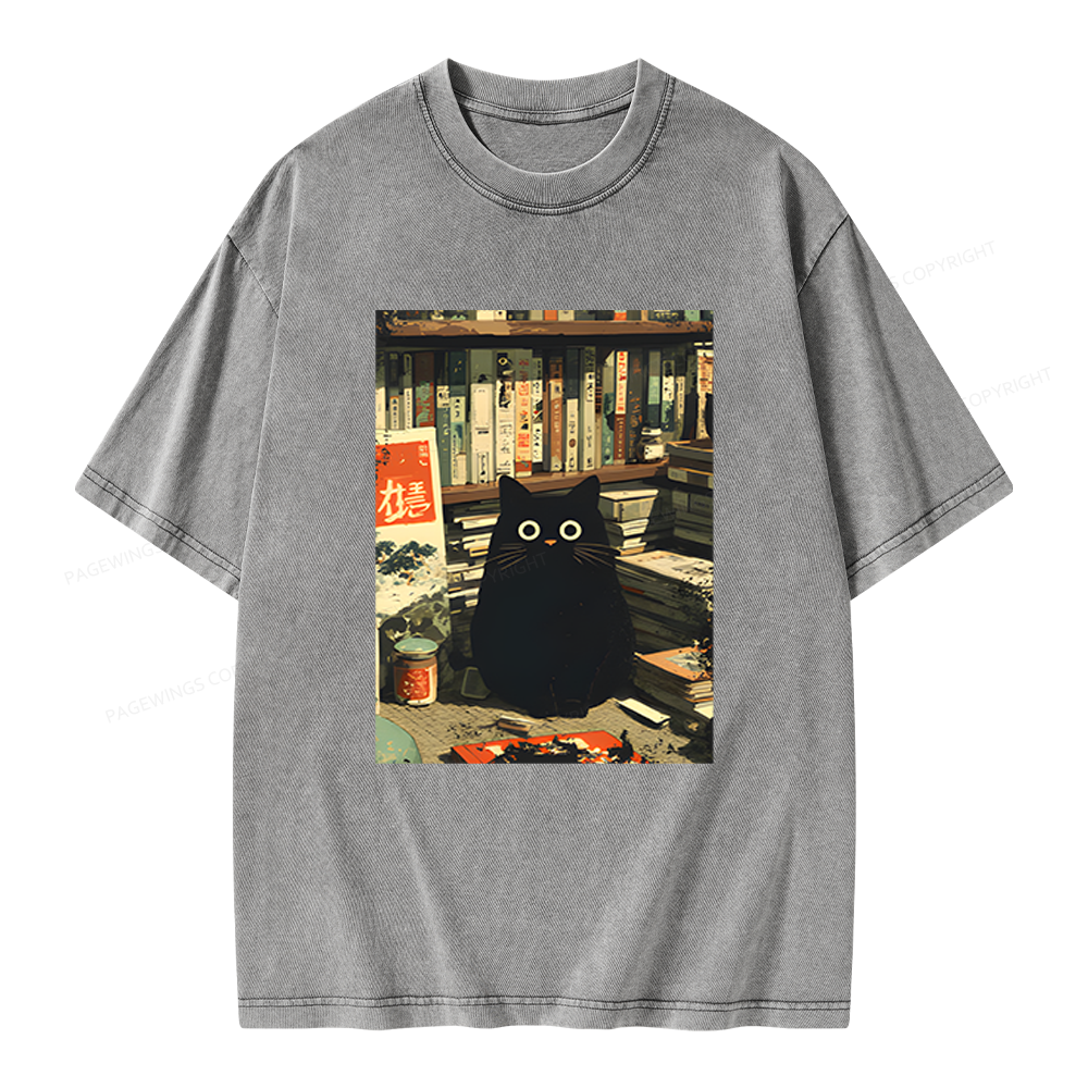 Pagewings Vintage Cat Book Lovers Unisex Washed T-shirt