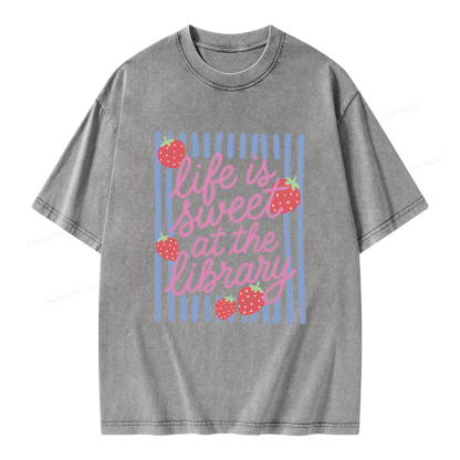 Pagewing Librarian Strawberries Unisex Washed T-shirt