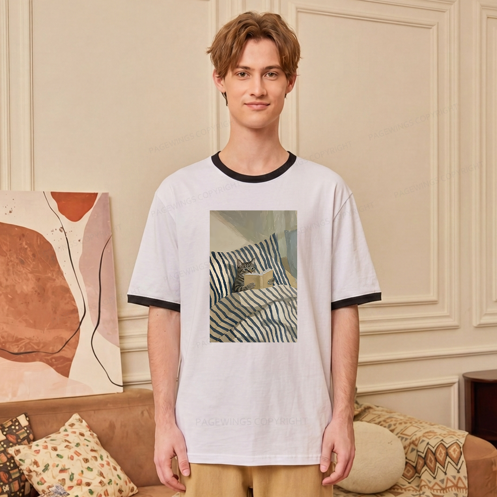 Pagewings Cat Reading Book Unisex Ringer T-Shirt 