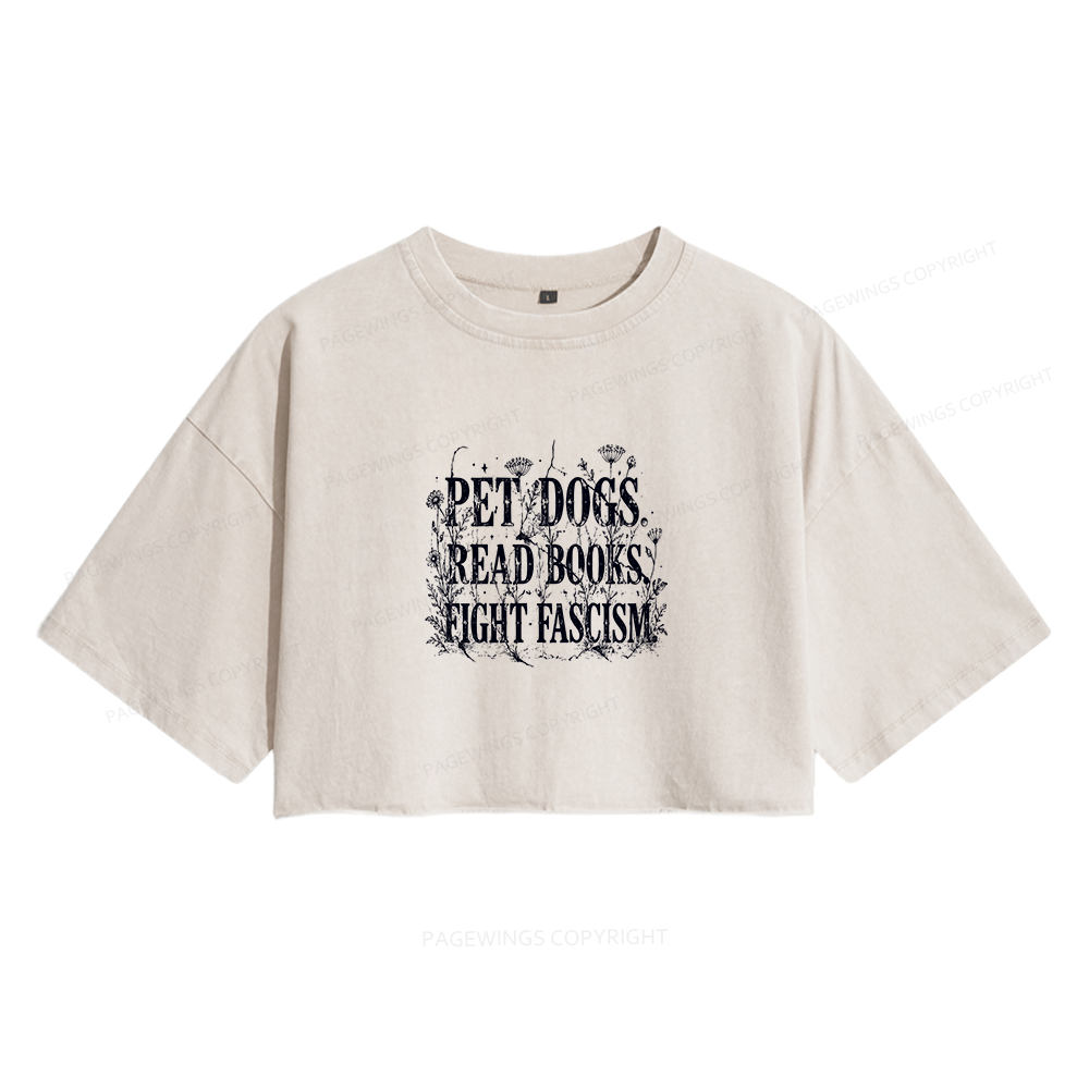Pagewings Anti Fascism Book Lover Women's Washed Cropped T-shirt