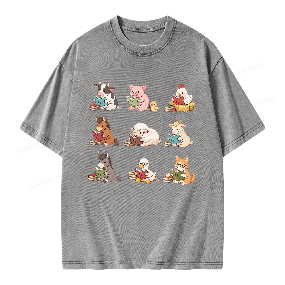 Pagewing Farm Animals Reading Unisex Washed T-shirt