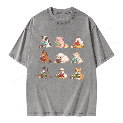 Pagewing Farm Animals Reading Unisex Washed T-shirt