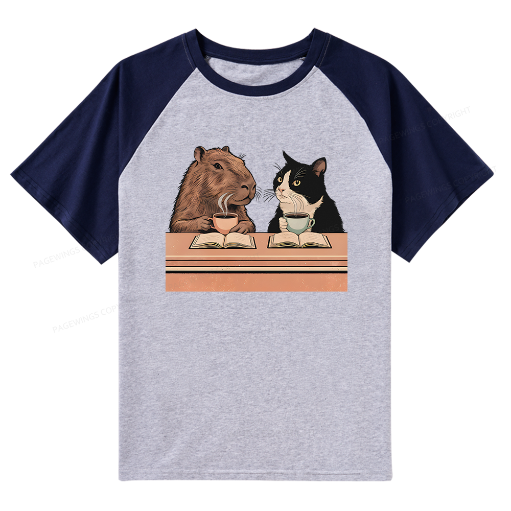 Pagewings Capybara and Tuxedo Cat 11180 Bookish Raglan T-shirt