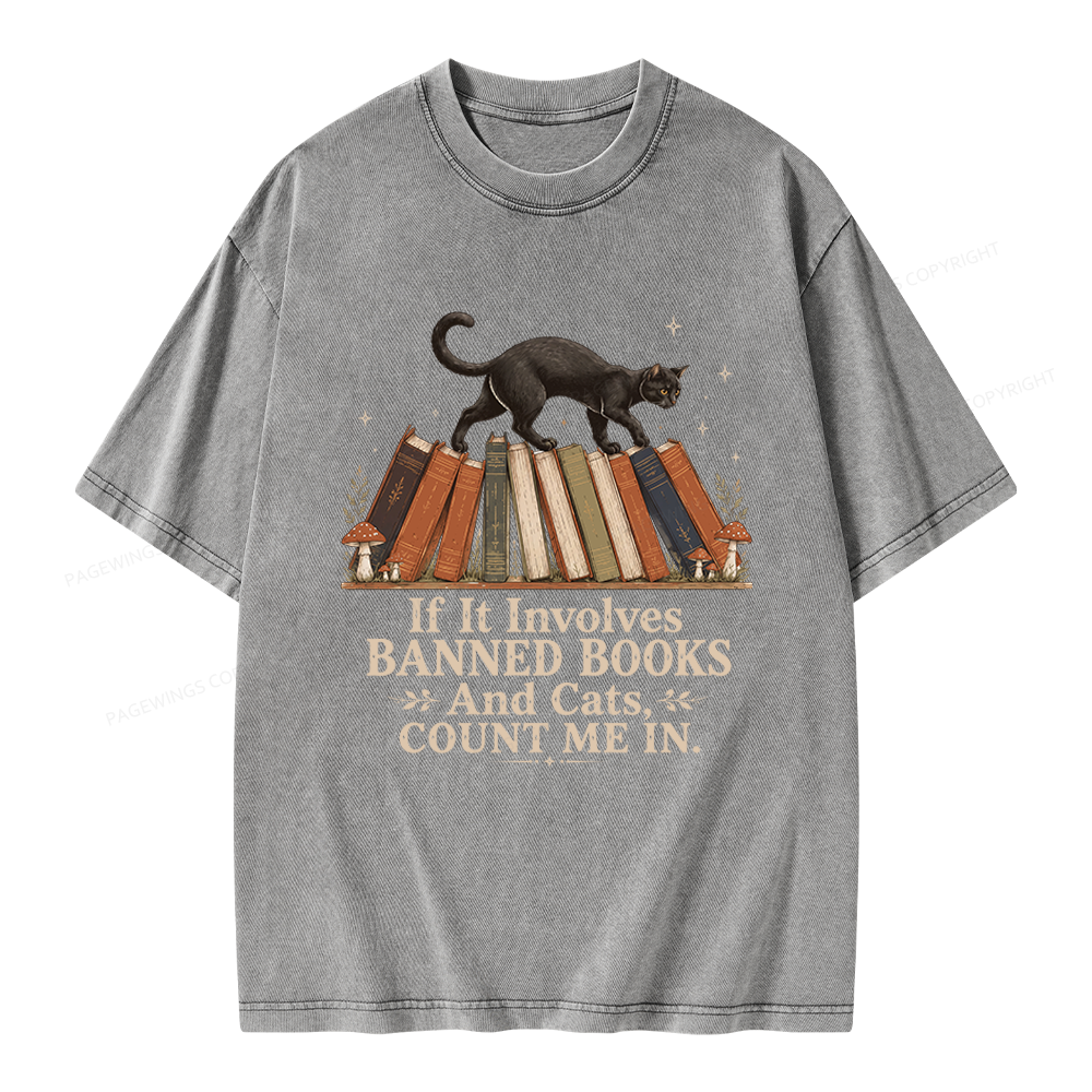 Pagewing Cat Read Banned Books Unisex Washed T-shirt