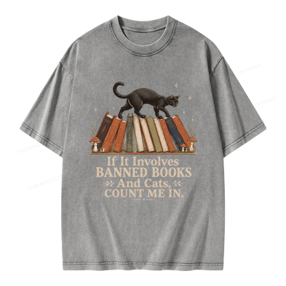 Pagewing Cat Read Banned Books Unisex Washed T-shirt