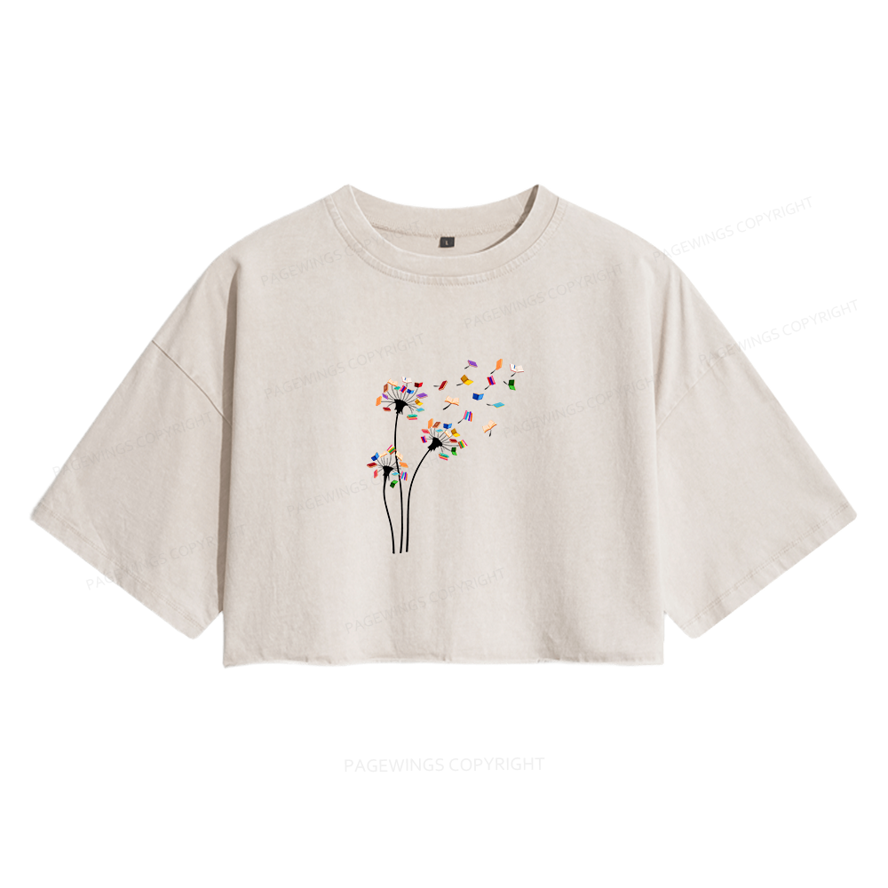 Pagewings Cute Dandelion Books Flower Fly Reading Fan Club Women's Washed Cropped T-shirt