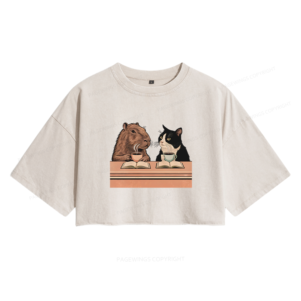 Pagewings Capybara and Tuxedo Cat Women's Washed Cropped T-shirt
