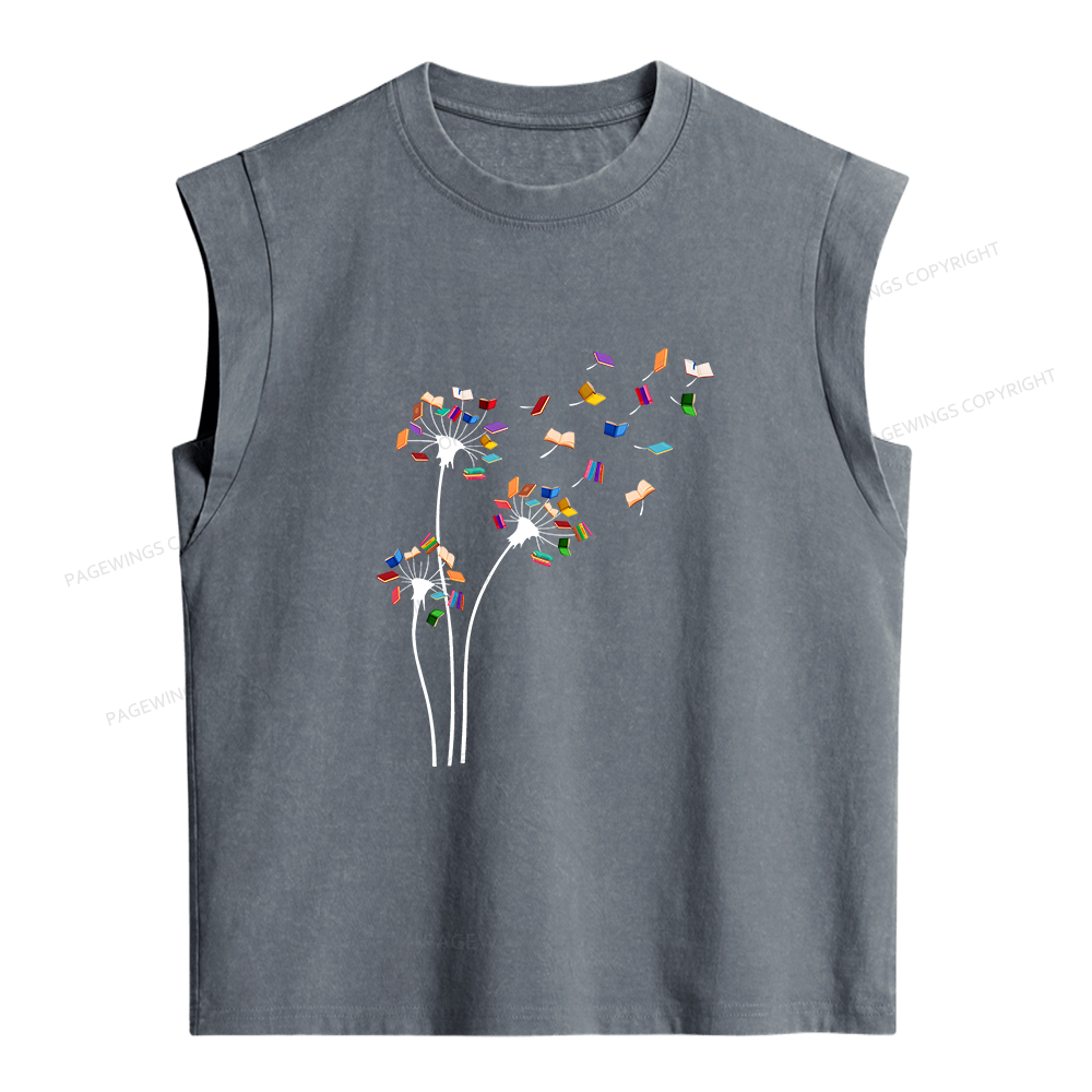 Pagewings Cute Dandelion Books Flower Fly 10035 Bookish Women's Washed Tank Top