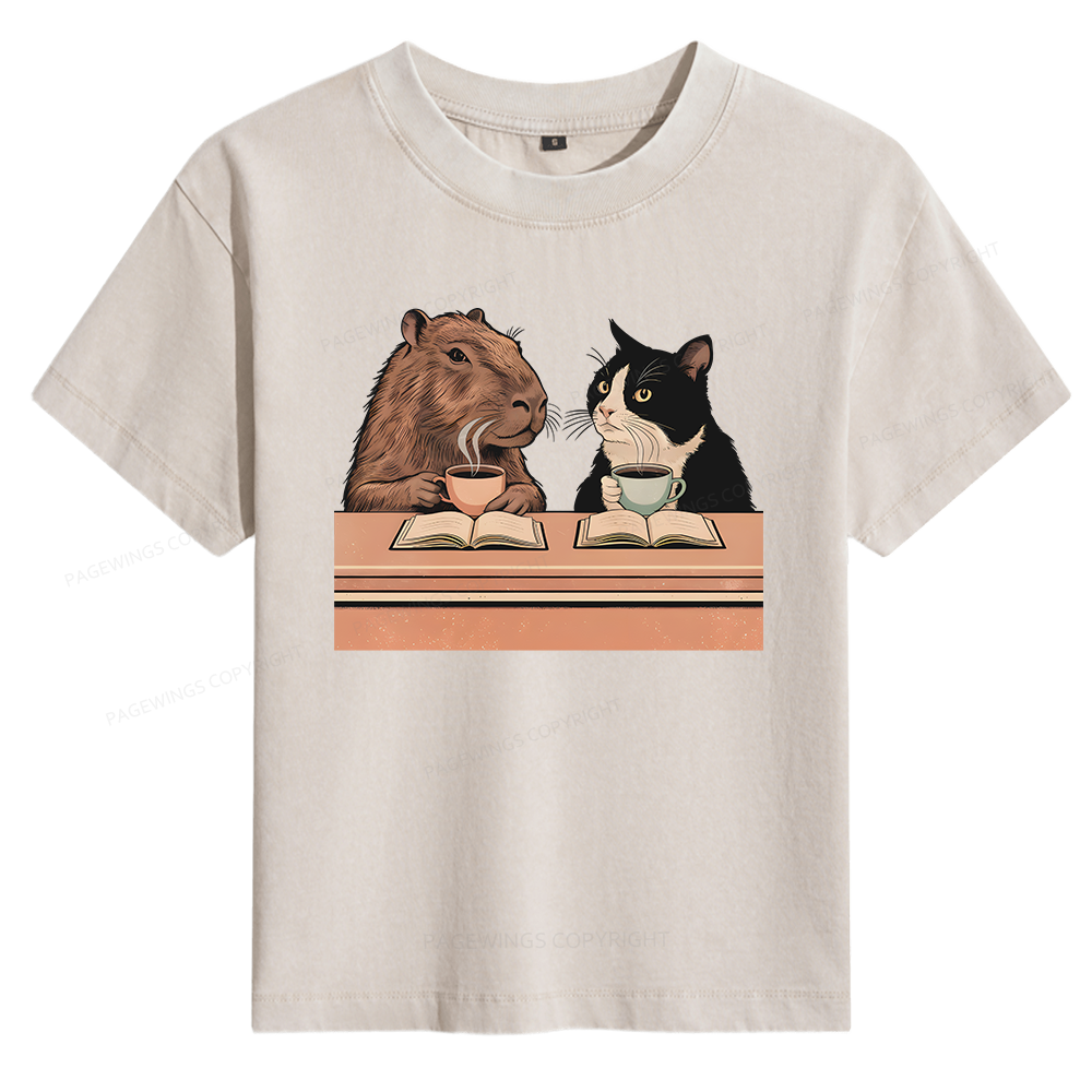 Pagewings Capybara and Tuxedo Cat Chilling with Coffee 11180 Bookish Women's Washed T-shirt