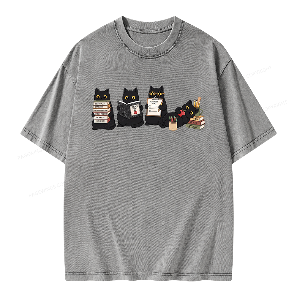 Pagewings Black Cat Teacher Unisex Washed T-shirt