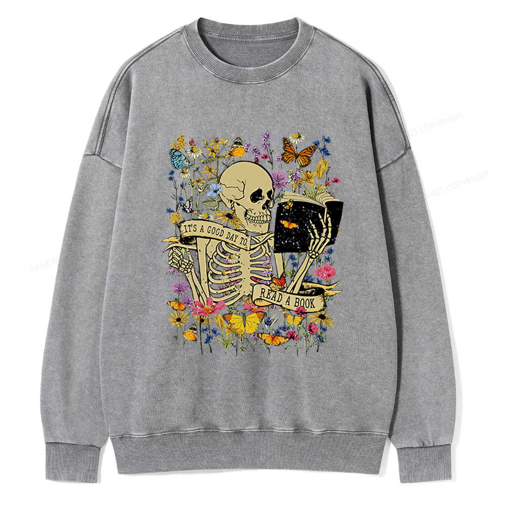Pagewings Skull Skeleton Reading Book Unisex Washed Sweatshirt