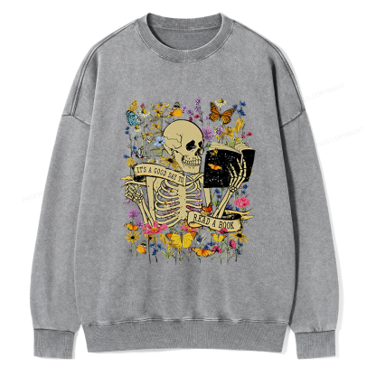 Pagewings Skull Skeleton Reading Book Unisex Washed Sweatshirt