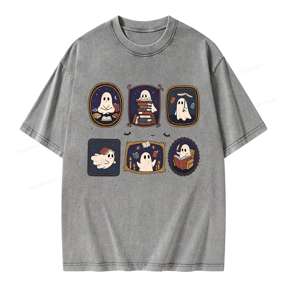 Pagewings Ghost Reading Book Unisex Washed T-shirt