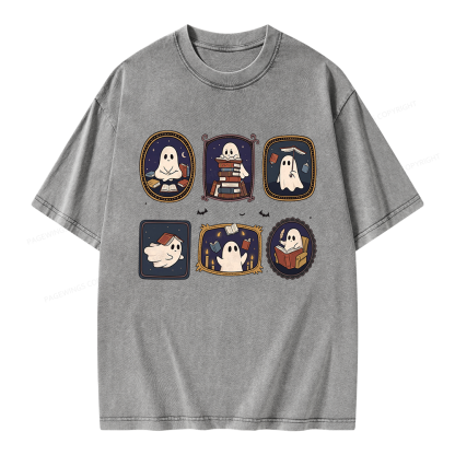 Pagewings Ghost Reading Book Unisex Washed T-shirt