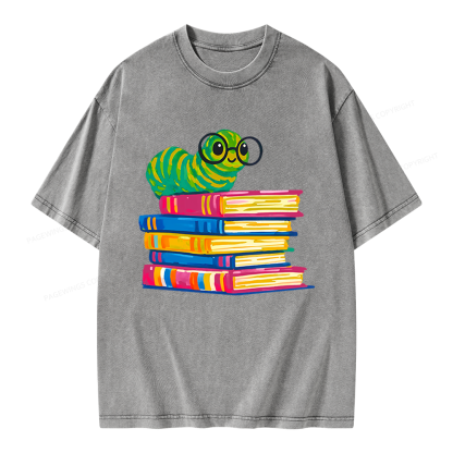 Pagewings Cute Reading Worm Unisex Washed T-shirt