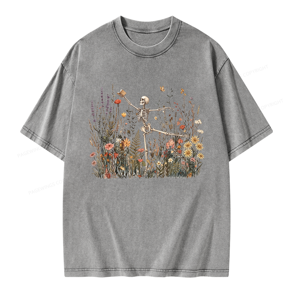 Pagewings Skeleton Reading Unisex Washed T-shirt