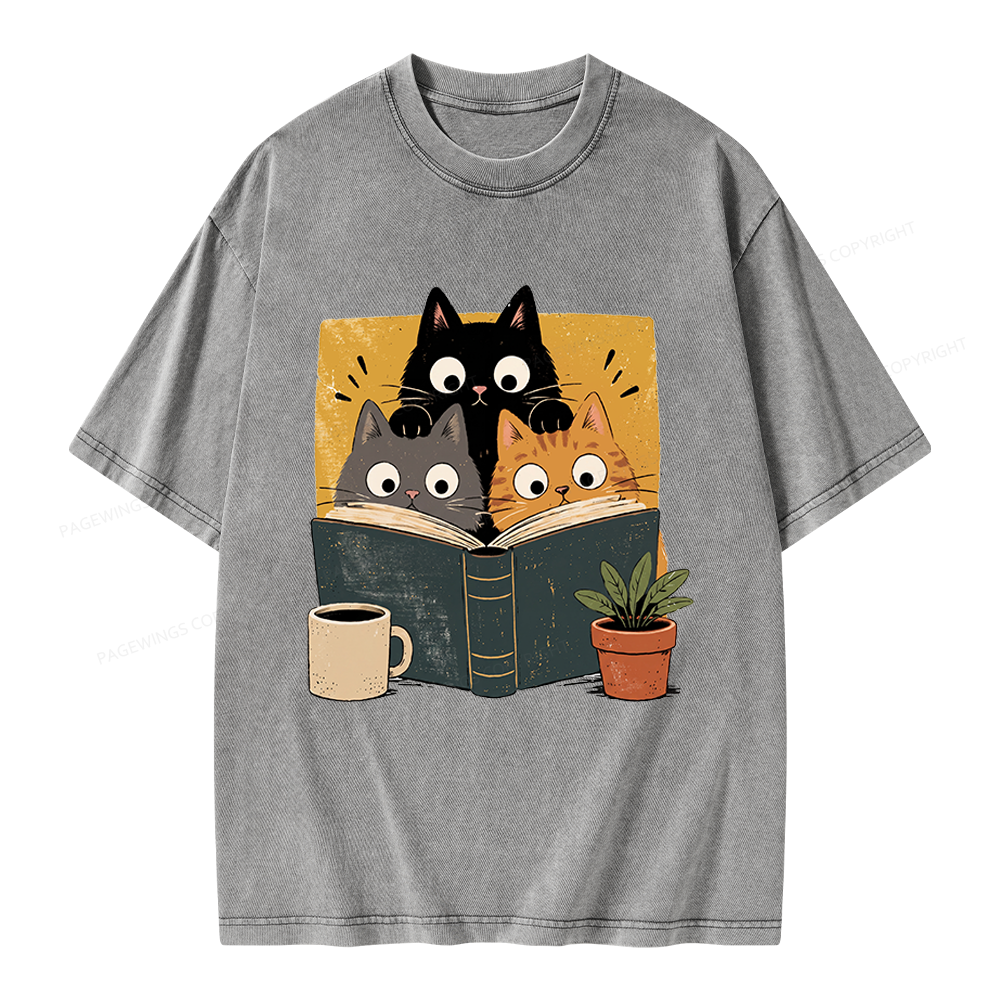 Pagewings Retro Curious Reading Cats Unisex Washed T-shirt