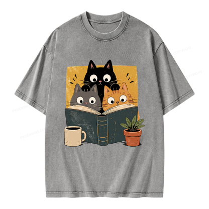 Pagewings Retro Curious Reading Cats Unisex Washed T-shirt