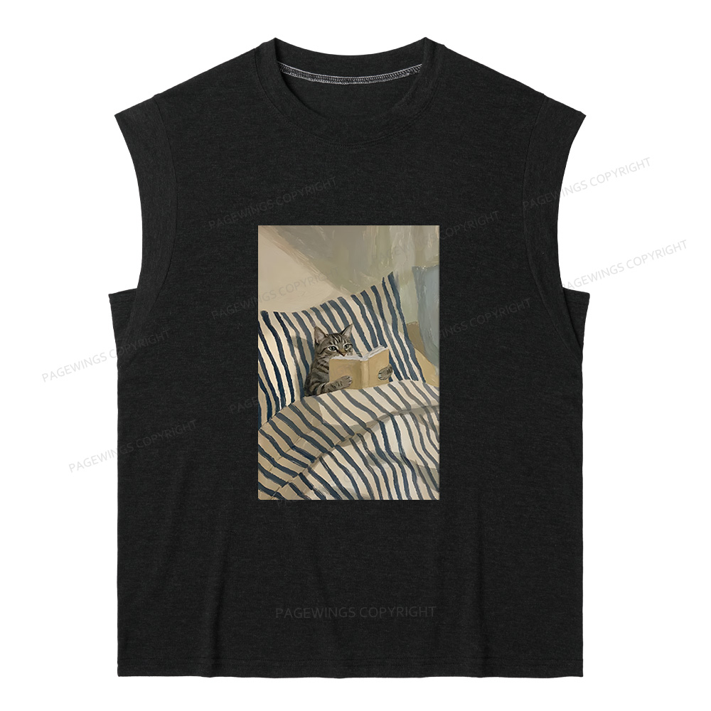Pagewings Cat Reading Book In Bed 15459 Bookish Women's Heather Tank Top