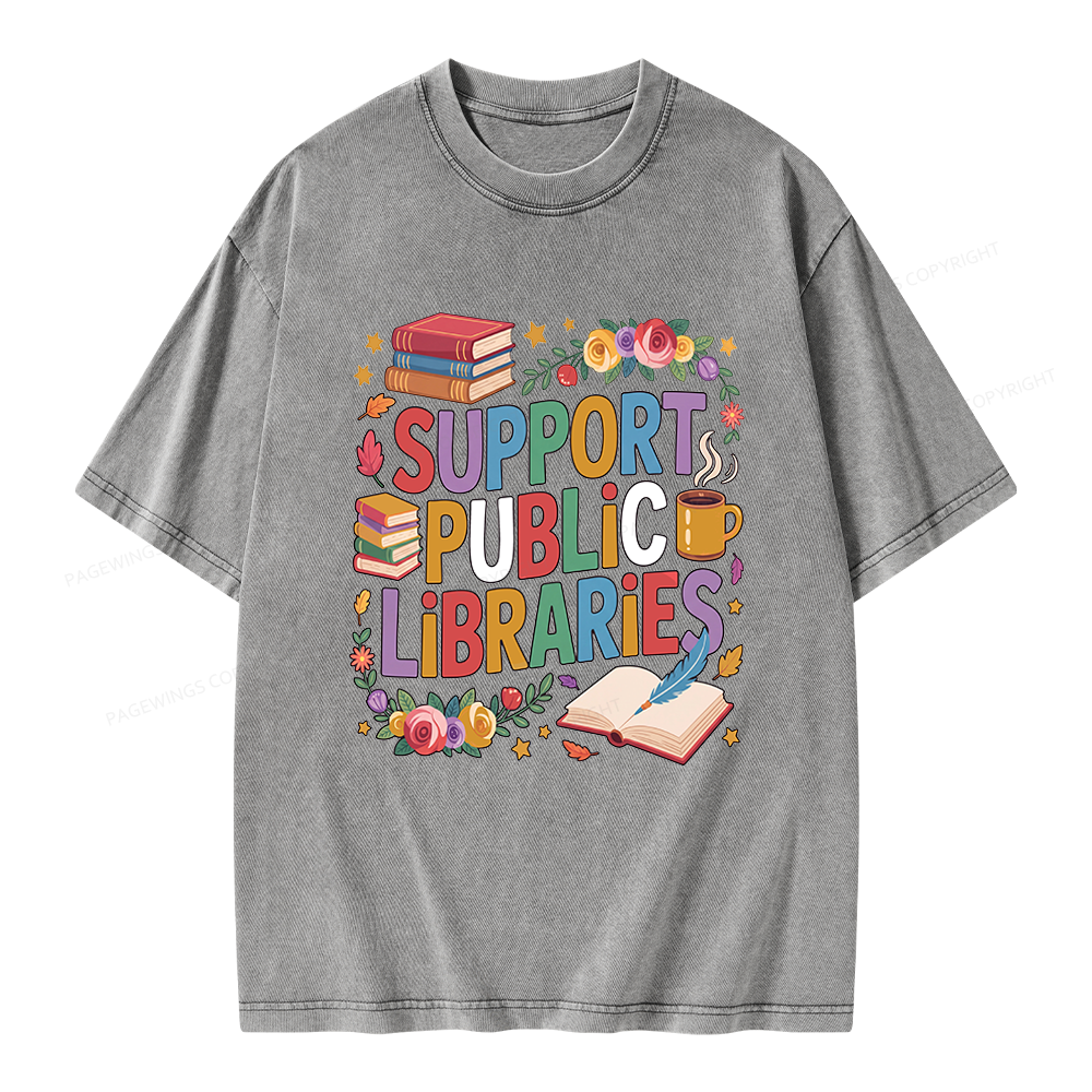 Pagewings Support Public Libraries Unisex Washed T-shirt