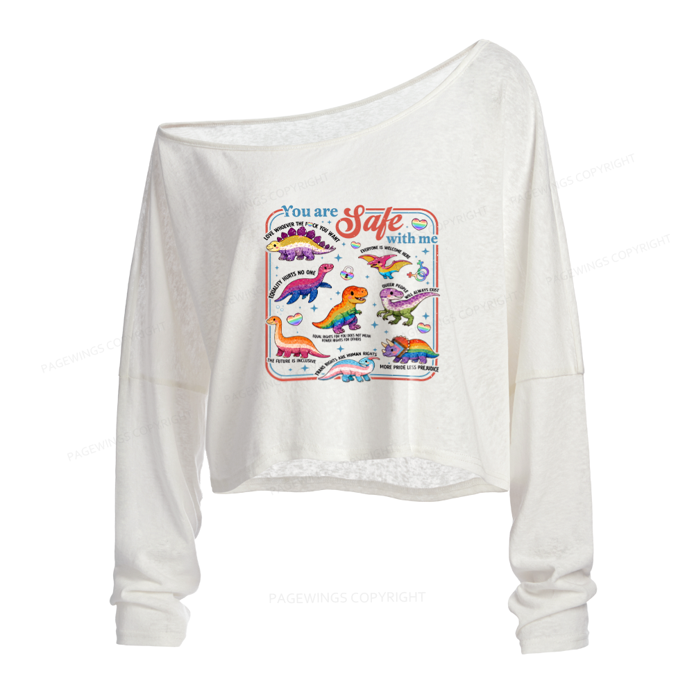 Pagewings Dinosaur Rainbow Slouchy Long Sleeve Off Shoulder T-shirts