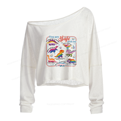 Pagewings Dinosaur Rainbow Slouchy Long Sleeve Off Shoulder T-shirts