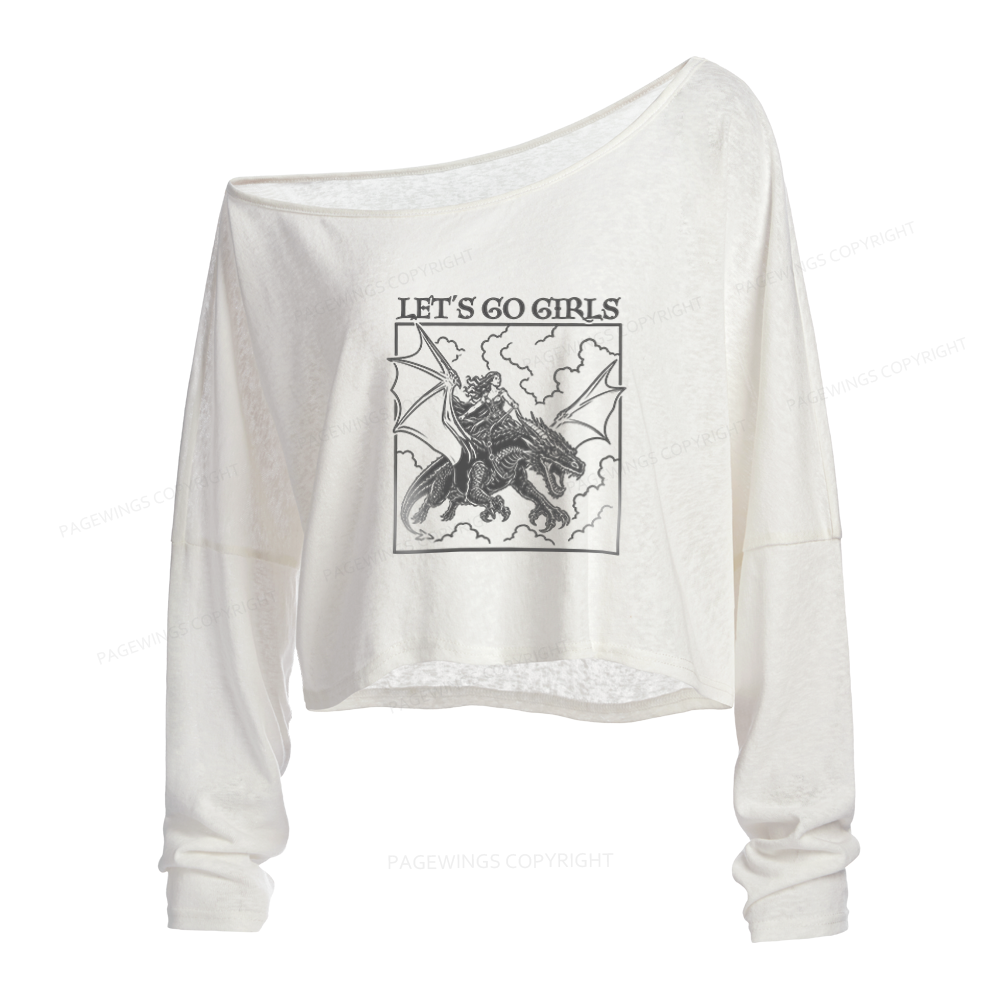 Pagewings Retro Dragon Rider Slouchy Long Sleeve Off Shoulder T-shirts