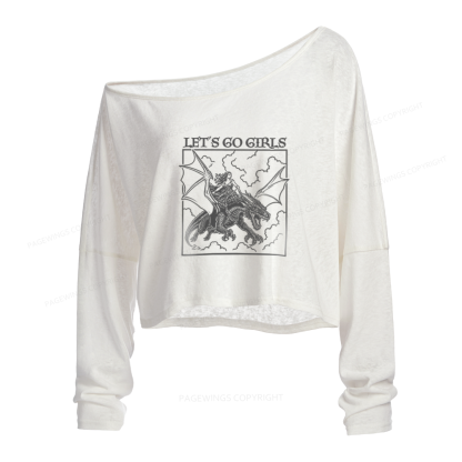 Pagewings Retro Dragon Rider Slouchy Long Sleeve Off Shoulder T-shirts