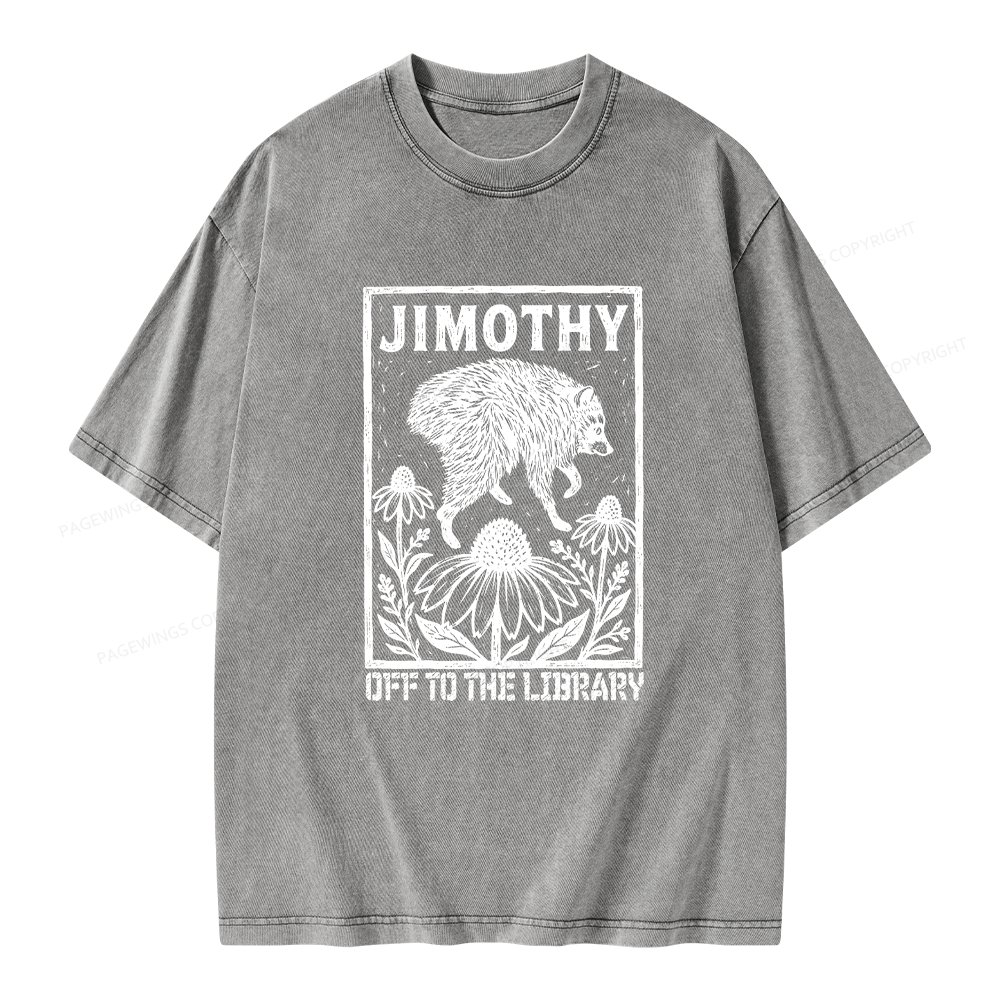 Pagewings Raccoon Meme Off To The Library Unisex Washed T-shirt