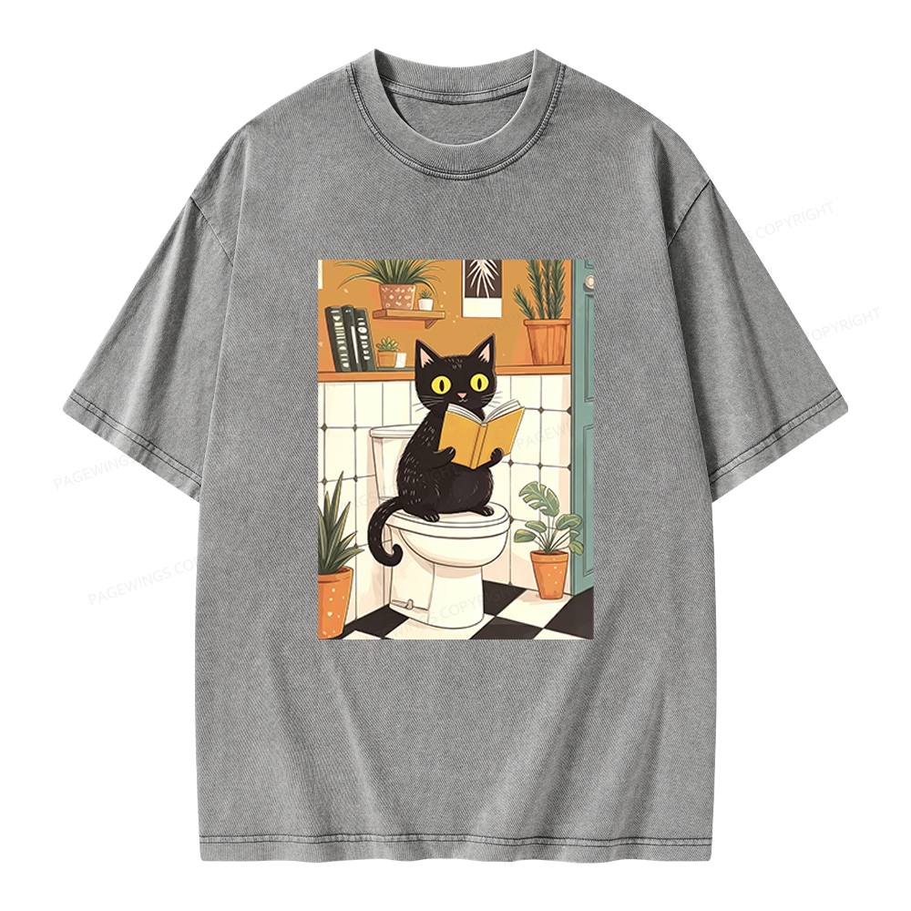 Pagewings Cat Reading on Toilet Unisex Washed T-shirt