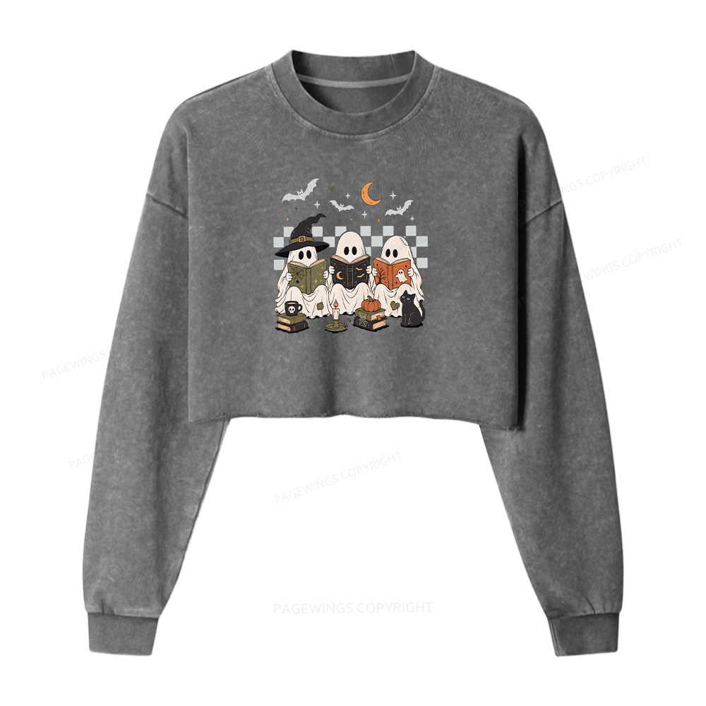 Pagewings Spooky Ghost Reading Books Washed Crop Sweatshirt