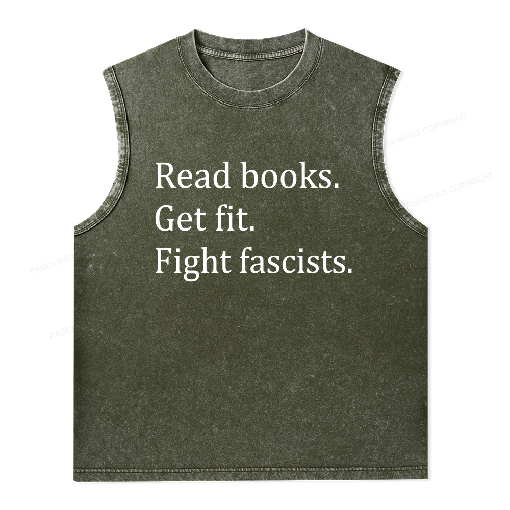 Pagewings Read Books Get Fit Fight Fascists Bookish Unisex Washed Tank Top