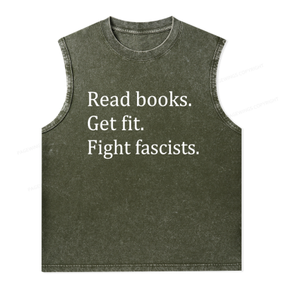 Pagewings Read Books Get Fit Fight Fascists Bookish Unisex Washed Tank Top