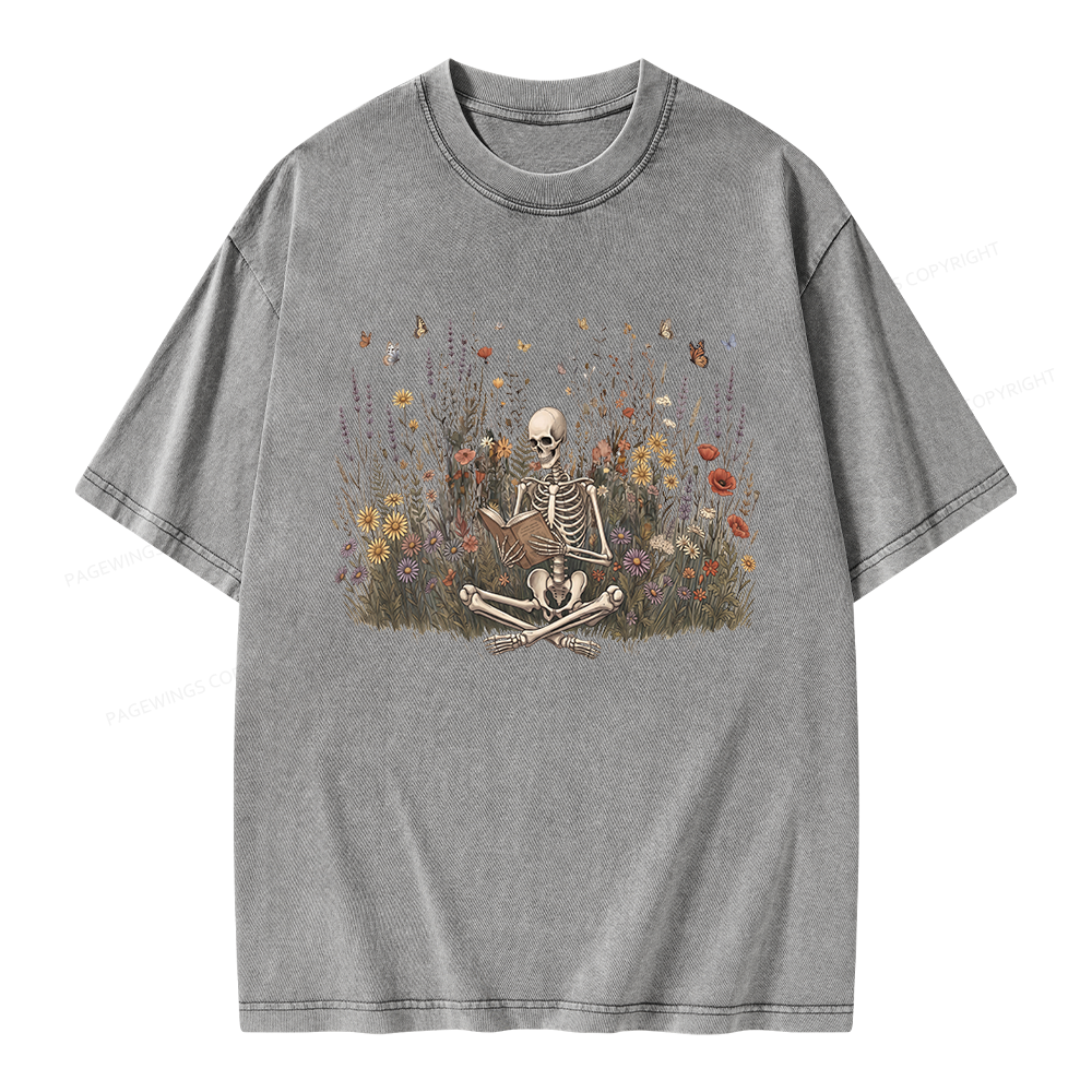 Pagewings Skeleton Reading Book Unisex Washed T-shirt
