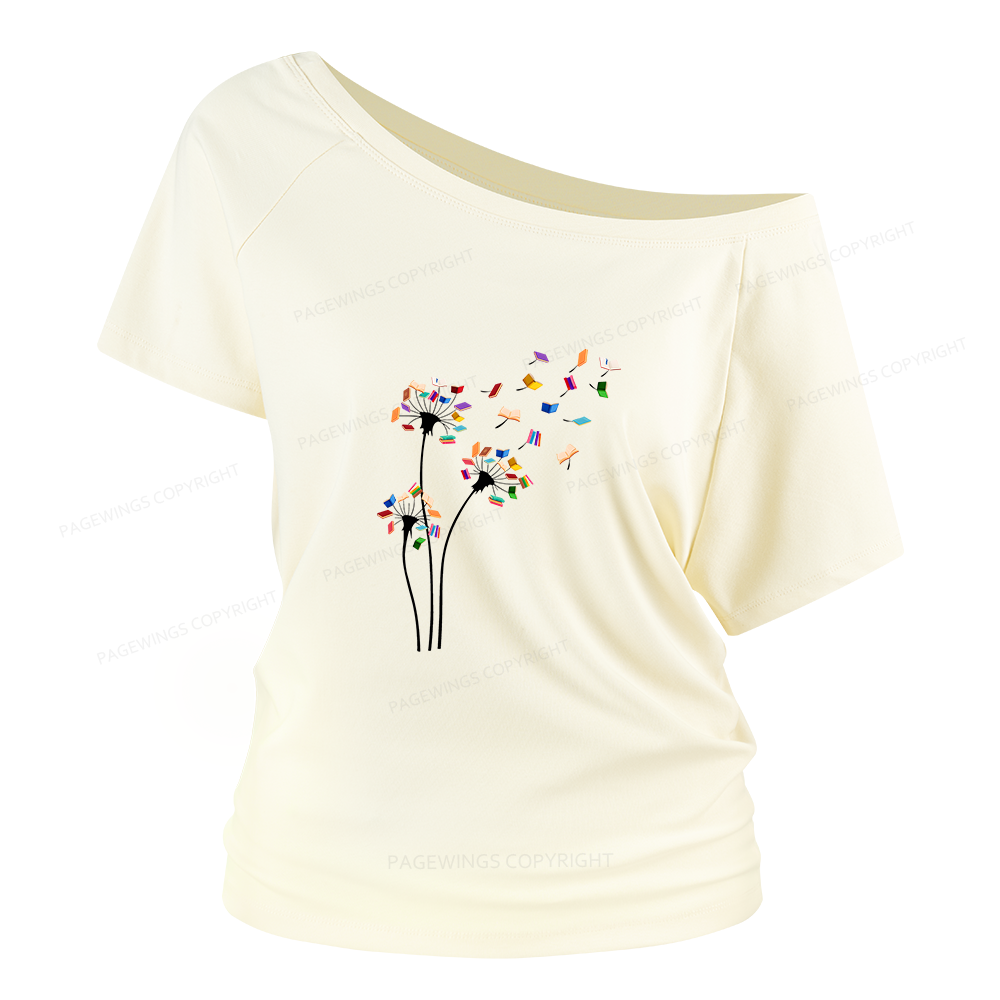 Pagewings Cute Dandelion Books Flower Fly Women Off Shoulder T-shirts