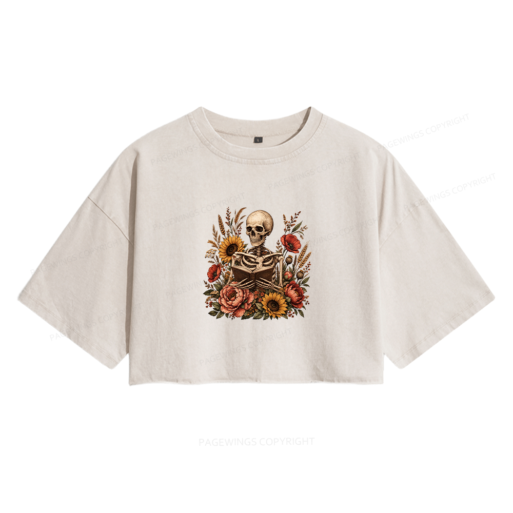 Pagewings Floral Skeleton Women's Washed Cropped T-shirt