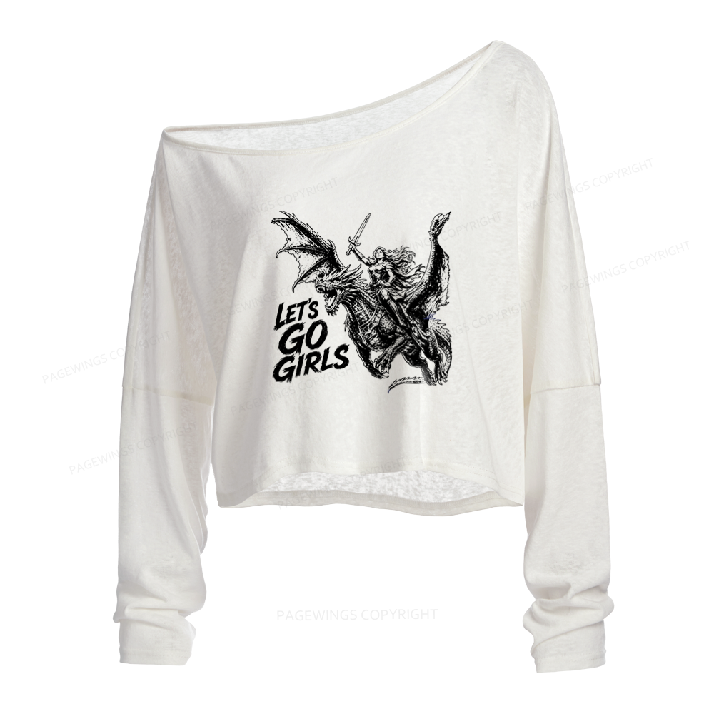 Pagewings Retro Dragon Rider Slouchy Long Sleeve Off Shoulder T-shirts