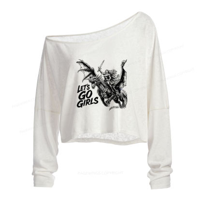Pagewings Retro Dragon Rider Slouchy Long Sleeve Off Shoulder T-shirt