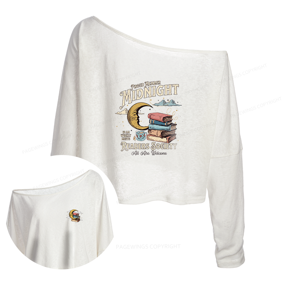 Pagewings Midnight Readers Society Slouchy Long Sleeve Off Shoulder T-shirts