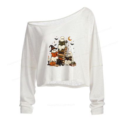 Pagewings Halloween Book Club Slouchy Long Sleeve Off Shoulder T-shirt