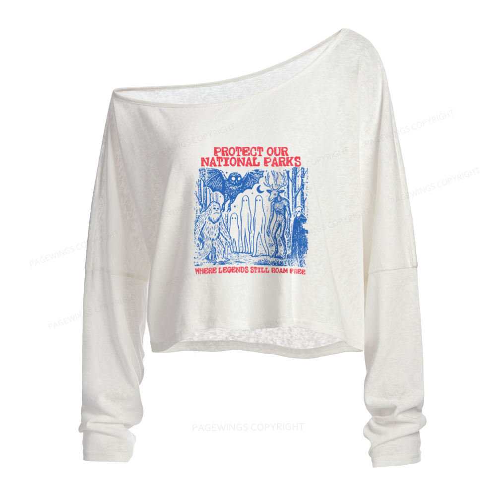 Pagewings Cryptid National Parks Slouchy Long Sleeve Off Shoulder T-shirt