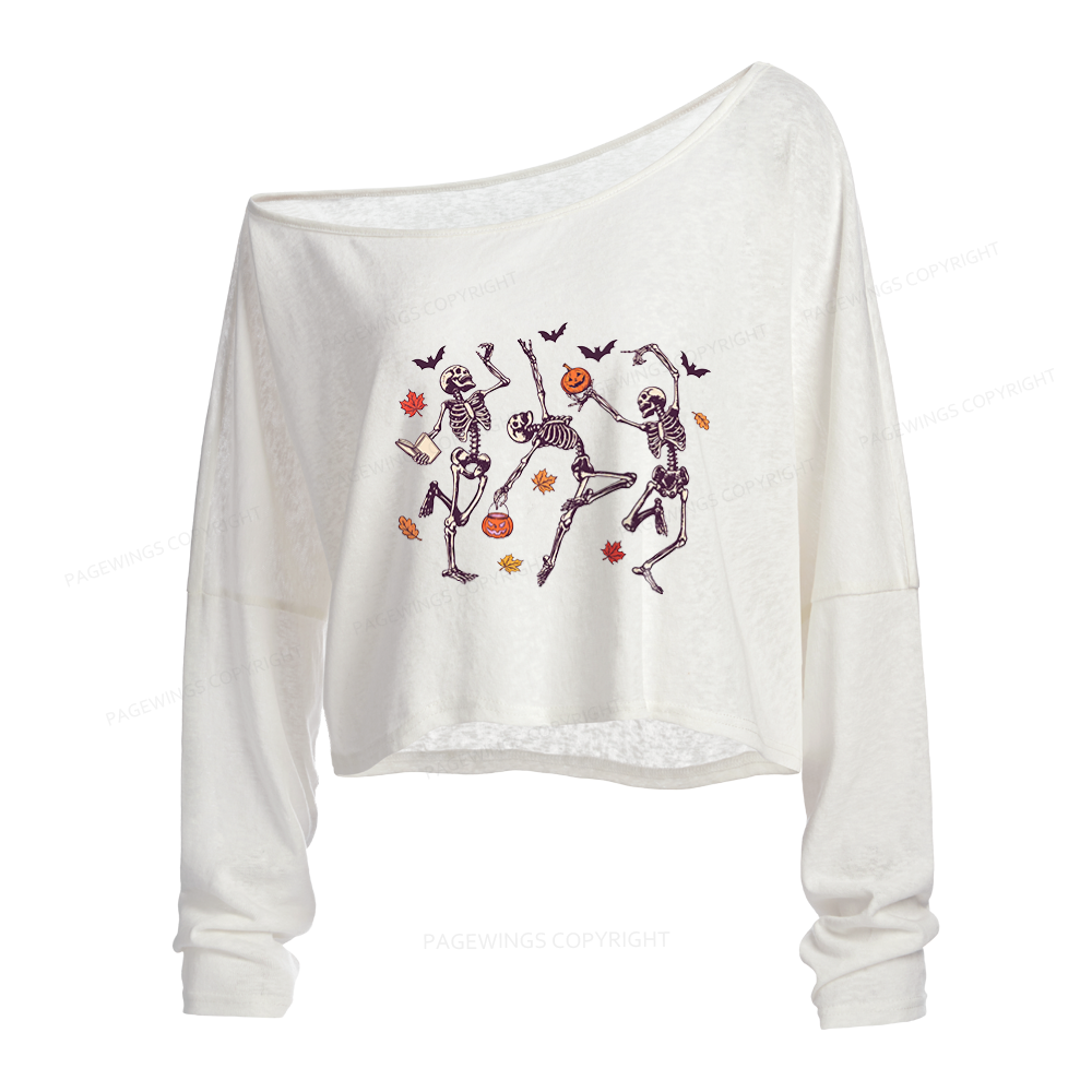 Pagewings Dancing Skeleton Slouchy Long Sleeve Off Shoulder T-shirt