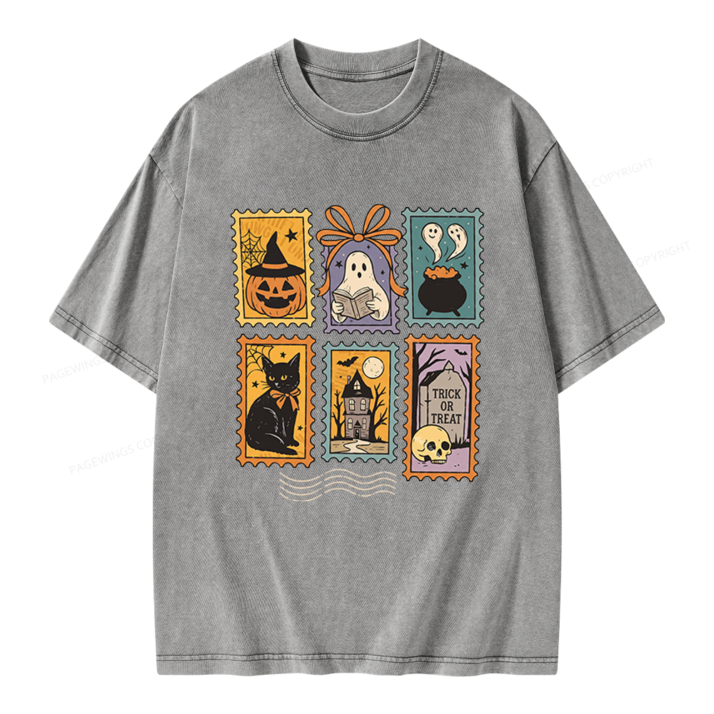 Pagewings Halloween Cute Ghost Pumpkin Cat Unisex Washed T-shirt