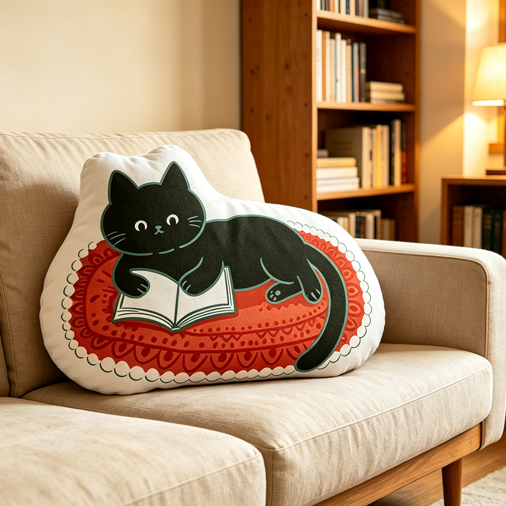 Pagewings Reading Cat Shaped Throw Pillow