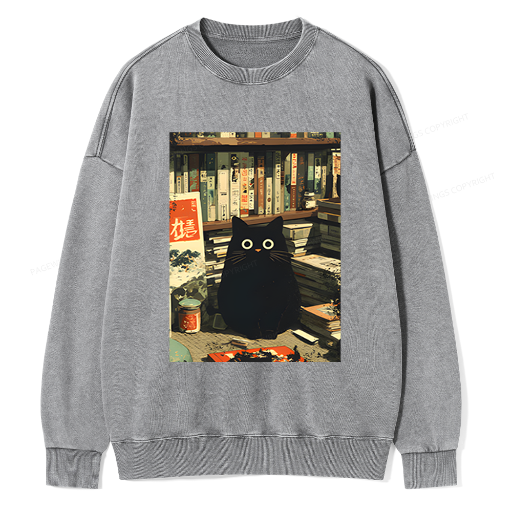 Pagewings Vintage Cat Book Lovers Unisex Washed Sweatshirt